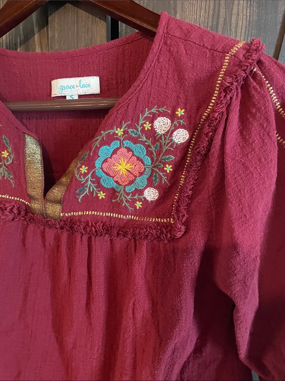 Grace & Lace Burgundy Embroidered Peasant Tunic - Picture 3 of 4